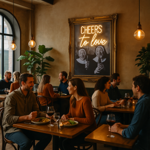 Super-Seat | Les invités se rassemblent autour de tables en bois dans un restaurant confortable. | Houten tafels, stoelen ; warme tinten, antiek goud houten lijst, zwart-wit foto |. | Horecameubilair