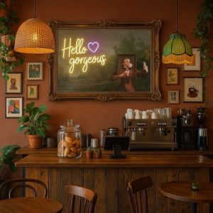 Super-Seat | Un café cosy avec des tables en bois, une machine à café, des bocaux et des œuvres d'art | Houten tafels et stoelen; cadre doré antique avec néon 'GORGEOUS'; Lampes suspendues en métal |. | Horecameubilair