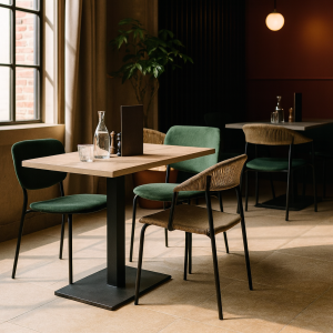 Super-Seat | Moderne restaurant meubels | Houten tafel à pied central, groene fluwelen en gevlochten stoelen, karaf. Lumière, plantes. | Horecameubilair