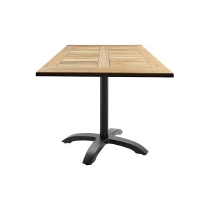 Super-Seat | Tables de terrasse Horeca Tivoli teck 70x70cm avec piètement | Plateau rectangulaire en teck couleur bois, pied central métal noir courbé |. | Horecameubilair
