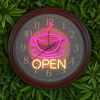Super-Seat | The Coffee Time 'OPEN' vintage metal clock 60cm | Horloge en métal marron, néon OPEN jaune, tasse à café, fond vert. | Mobilier de restauration