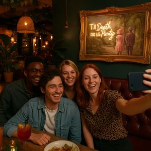 Super-Seat | Quatre amis dans une cabine faiblement éclairée sourient pour un selfie | Donkere houten tafel, fluwelen stoelen en donkerblauw; anti-gouden lijst aan de mur |. | Horecameubilair