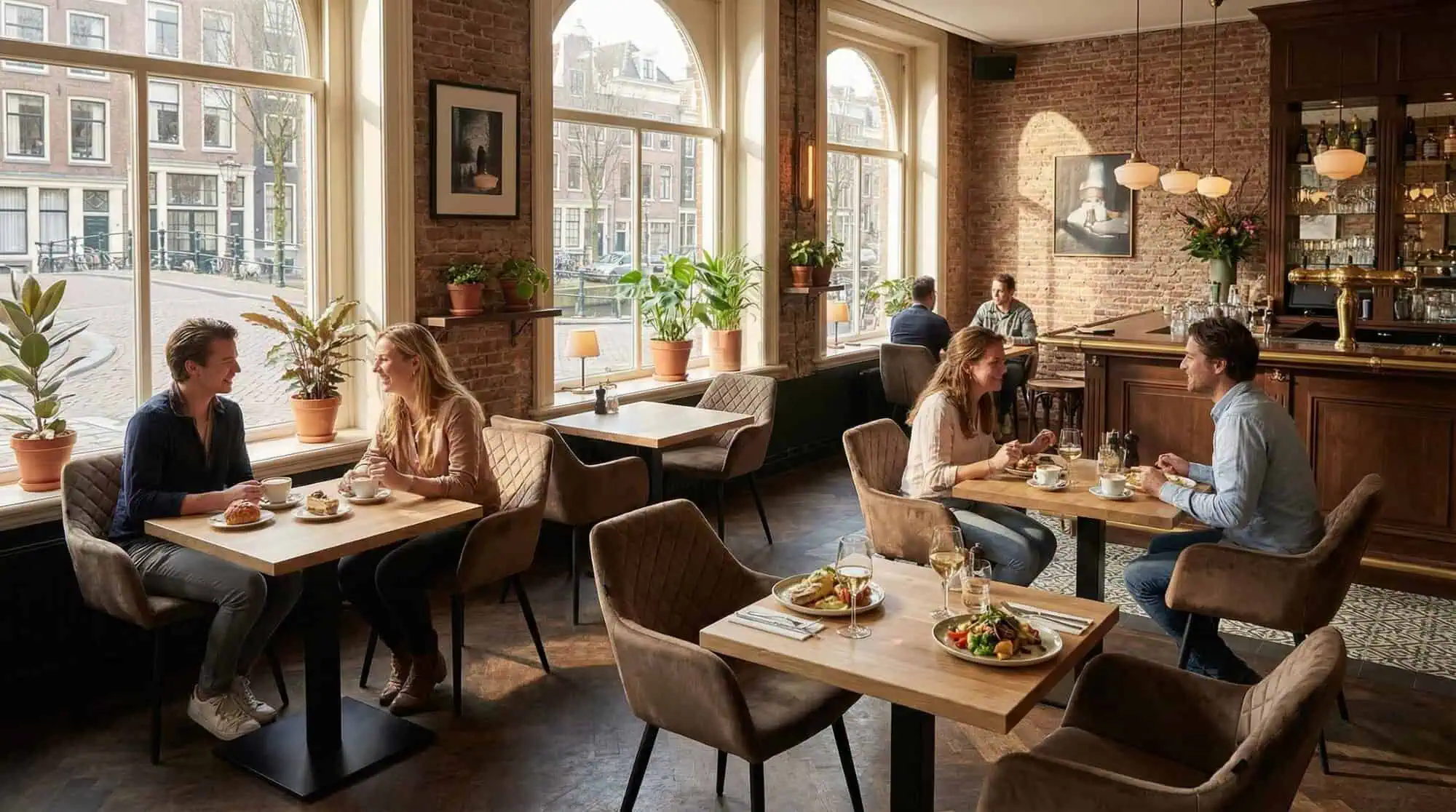 Super-Seat |Café confortable avec tables en bois, chaises en velours moka, murs et fenêtres en briques, bar avec verres, plantes sur le rebord de la fenêtre. | Mobilier de restauration