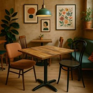 Super-Seat | Un petit café avec une table série World pour la restauration bois de manguier 70x70 cm incl. pietement | Table à manger ancienne avec support en métal noir, deux meubles polyvalents, éclairage chaud, plantes |. | Horecameubilair