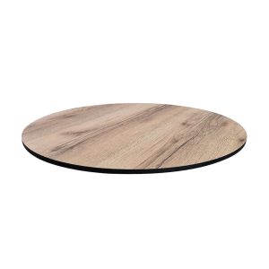 Super-Seat | Le plateau de table HPL Hospitality | Rond aspect chêne Castle, grain de bois naturel et bord noir. Parfait pour la restauration. | Mobilier de restauration
