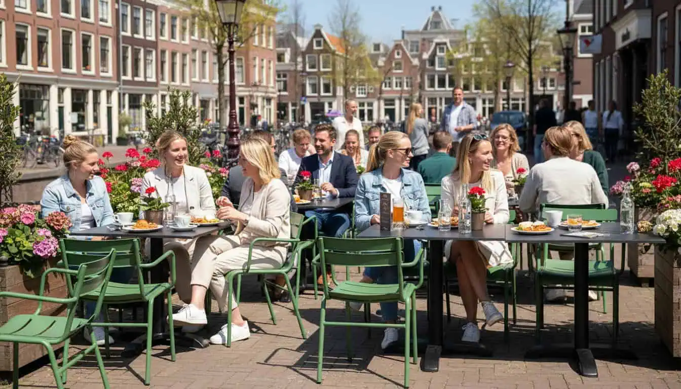 Super-Seat | Tables en HPL noir, chaises en métal, personnes mangeant à l'extérieur parmi les fleurs et les vélos. | Mobilier de restauration