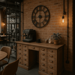Super-Seat |Un bureau d'apothekers eikenhouten vintage avec des lades 228x70cm|Bureau eiken massif en brun chaud, poignées en métal, bois de bakstenen opstelling. | Horecameubilair