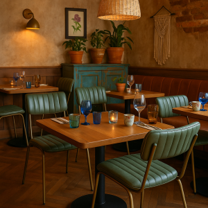 Super-Seat | Chaises aviateur pour la restauration | Stoelen vintage Groene avec cadre doré, tafels houten, cadre bleu, éclairage chaud. | Horecameubilair