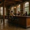 Super-Seat | Deux personnes assises sur des tabourets de bar noirs Aviator pour la restauration | Zwarte metalen barkrukken, houten toonbank, industrieel interieur, metalen en houten accenten. | Horecameubilair