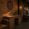 Super-Seat | Un bureau d'apothekers eikenhouten vintage avec lades 228x70cm | Bureau et fauteuil Eikenhouten en brun, avec lampe en métal et éclairage chaud |. | Horecameubilair