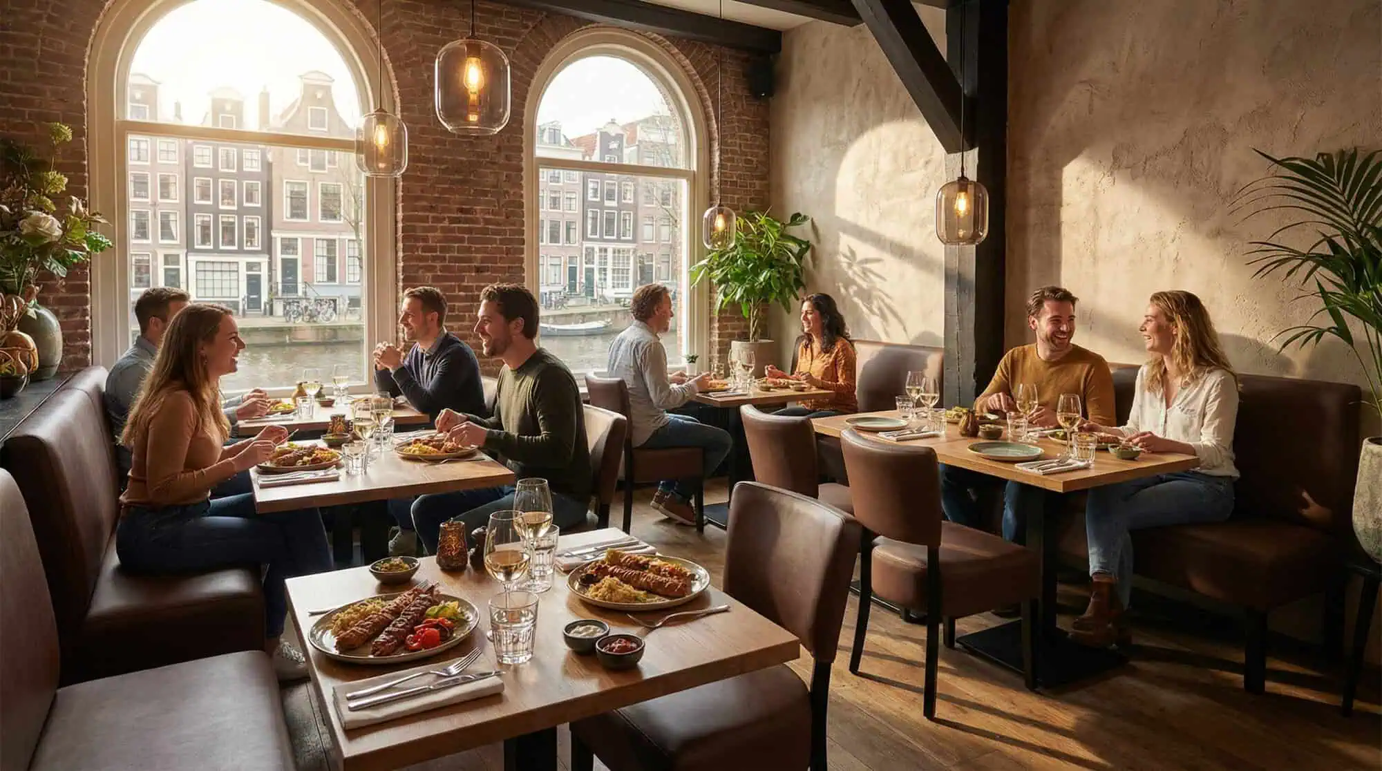 Super-Seat | Lisa hospitality dining bench bistro Dark Brown 120cm | Bancs et tables de salle à manger en bois brun foncé, grandes fenêtres, ensoleillé, murs en briques. | Mobilier de restauration