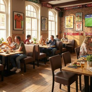 Super-Seat | Lisa hospitality dining bench bistro Dark Brown - 120cm | Chaises, tables et tabourets de bar en bois marron foncé dans un bistrot sportif avec soleil et football. | Mobilier de restauration