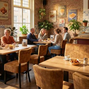 Super-Seat | Lisa hospitality dining bench bistro velour ocre - 120cm | Banquettes en velours jaune, tables et chaises en bois, grandes fenêtres, ambiance chaleureuse. | Mobilier de restauration