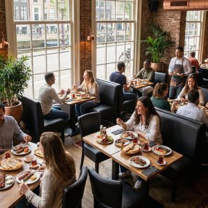 Super-Seat | Lisa hospitality dining bench bistro Black - 120cm | Banquettes en cuir noir, tables en bois, chaises en métal dans un espace vert et lumineux. | Mobilier de restauration