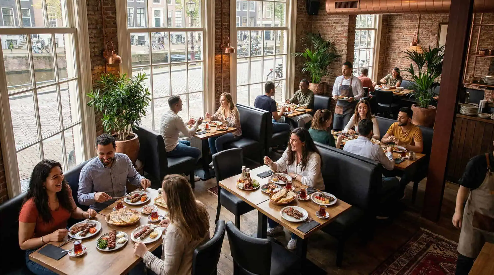 Super-Seat | Lisa hospitality dining bench bistro Black - 120cm | Banquettes en cuir noir, tables en bois, chaises en métal dans un espace vert et lumineux. | Mobilier de restauration