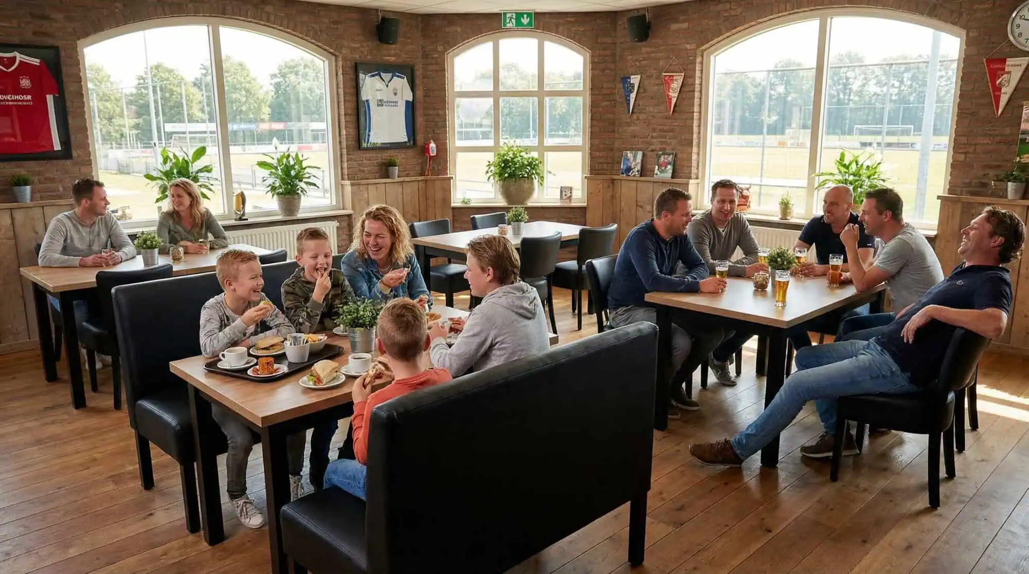 Super-Seat | Lisa hospitality dining bench bistro Black - 120cm | Banquettes noires, tables et chaises en bois dans un café lumineux avec vue sportive sur les champs. | Mobilier de restauration