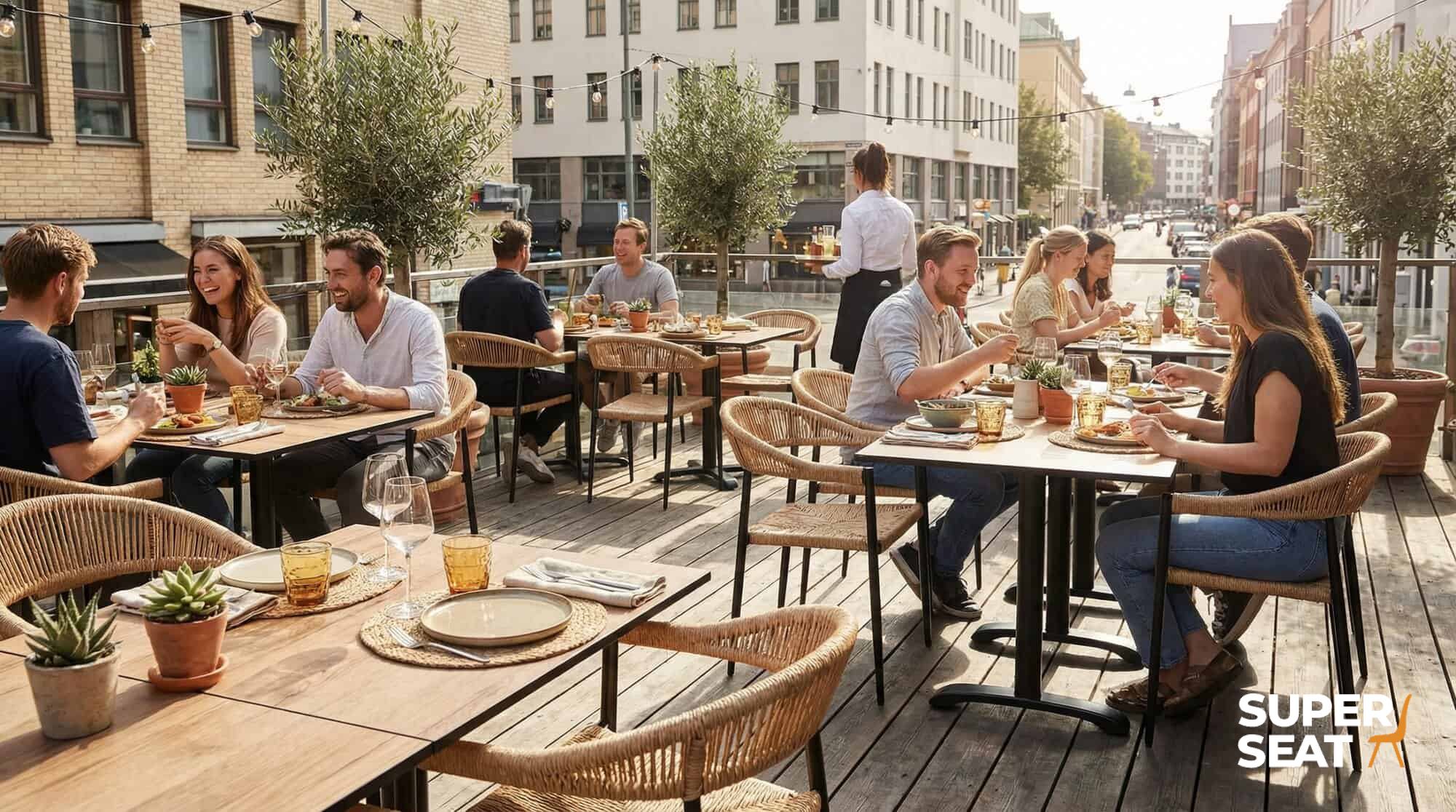 Super-Seat | HPL Hospitality Table Tops Castle Oak 80x80cm Tables en bois de couleur chêne avec châssis et chaises en acier, entourées de plantes et de lumières. | Mobilier de restauration