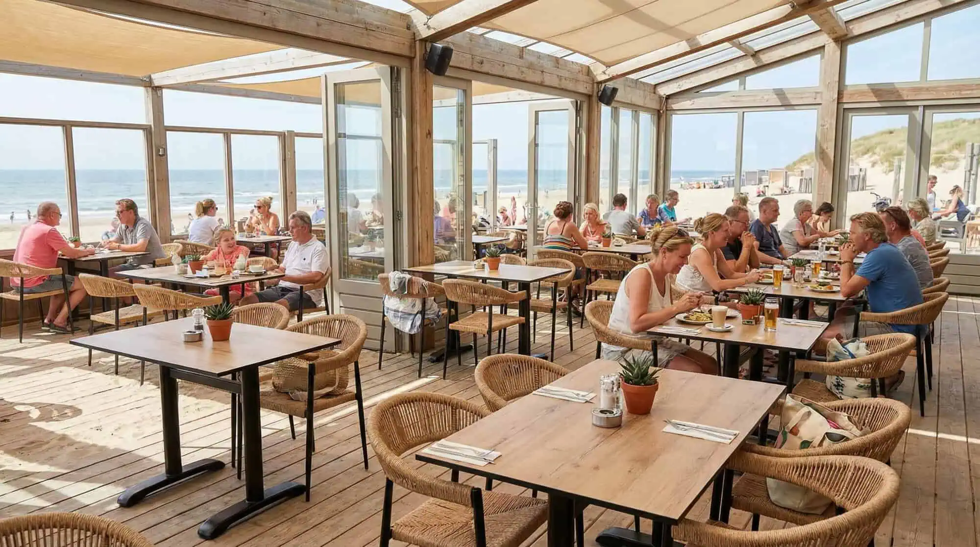 Super-Seat | Tables en bois avec plateaux HPL en châtaignier, chaises assorties, grandes fenêtres et vue sur la mer. | Mobilier de restauration