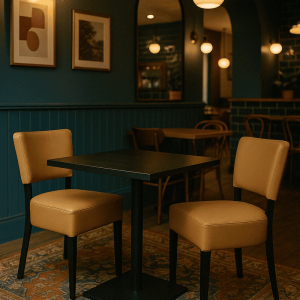 Super-Seat | Un Service traiteur Lisa taupe avec deux chaises taupe et une Table urbaine mélamine noire | Tables d'art taupe, table en mélamine noire, ou tapisserie dans un restaurant avec des murs noirs. | Horecameubilair