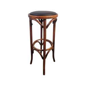 Super-Seat | Tabourets de bar Tessa Thonet en bois brun | Bruin houten barkruk met vier gebogen poten, metalen voetsteun, zwarte zitting |. | Horecameubilair