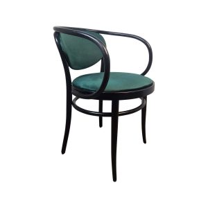 Super-Seat | Les Fauteuils vintage en bois courbé Michael Thonet 210 noir/vert | Donker houten frame, gebogen armleuningen, groene bekleding, ronde zitting, vier slanke poten. | Horecameubilair