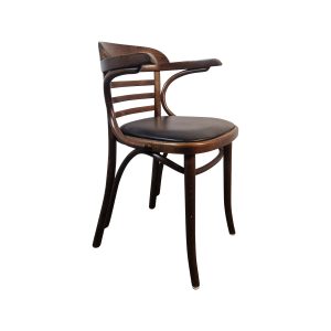 Super-Seat | Les Tony Fauteuils de café Thonet en bois brun / noir | Donkerbruin/zwart houten stoel, gebogen rugleuning, armleuningen & zwarte zitting. | Horecameubilair