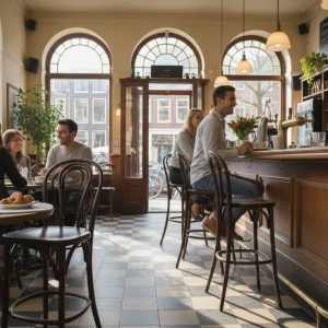 Super-Seat | Tables en bois, tabourets naturels au bar, grandes fenêtres, ambiance chaleureuse et plantes. | Mobilier de restauration