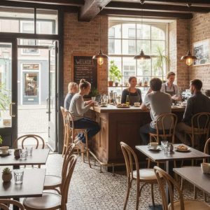 Super-Seat | Ce que vous allez rencontrer | Murs en briques, grandes fenêtres & bois naturel Tabourets de bar Thon no 18. Beaucoup de lumière et de plantes vertes. | Mobilier de restauration