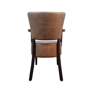 Super-Seat |Chaise rétro marron avec accoudoirs, pieds en bois, revêtement en tissu marron, look élégant. | Mobilier de restauration