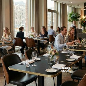 Super-Seat | New York Design Chairs Wood Black Leather | Commerce moderne avec planchers en bois, chaises en bois noir avec cuir et tables élégantes. | Mobilier de restauration