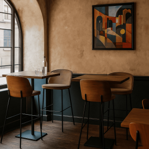 Super-Seat | Tabourets de bar design New York bois velours Moka | Fluwelen mokka barkrukken & houten tafels bij beige muur et kleurrijk schilderij. | Horecameubilair