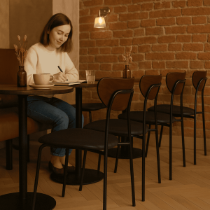 Super-Seat | Une personne est assise seule à une table dans un café | Zwarte houten Scandinavische stoelen, tafels in licht hout, bakstenen muren, droogbloemen in vaas. | Horecameubilair
