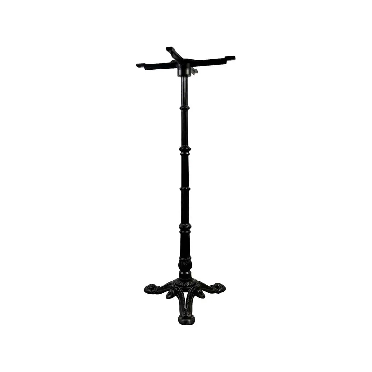 Super-Seat | Houten zwart stoelen met zwart metalen tafelpoot, decoratief en sierlijk, op witte achtergrond. | Horecameubilair