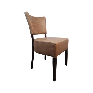 Super-Seat |Chaise rembourrée marron avec dossier incurvé et pieds en bois foncé|Bruine stoffen stoel met gebogen rugleuning en donkerhouten poten. | Horecameubilair