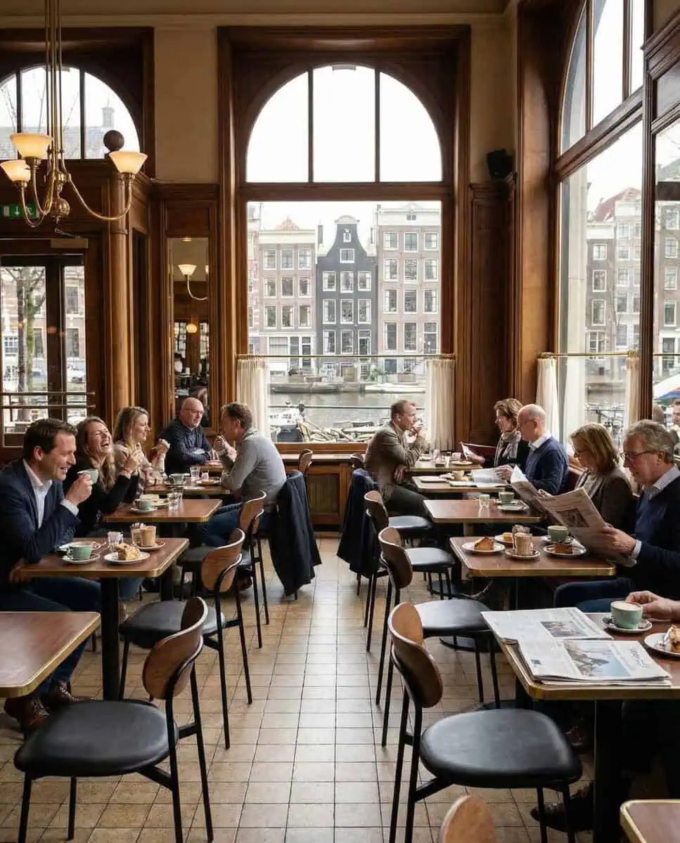 Super-Seat | Chaises, tables, tabourets de bar en bois/noir, personnes attablées avec du café dans un café avec de grandes fenêtres. | Mobilier de restauration