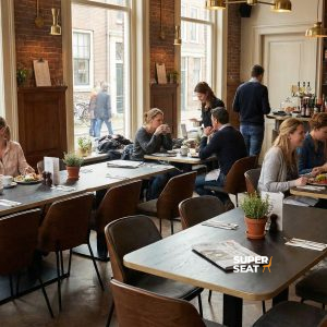 Super-Seat | New York chaises design bois velours Mocha Café moderne avec tables en bois, tabourets de bar et chaises en velours dans des tons moka chauds. | Mobilier de restauration