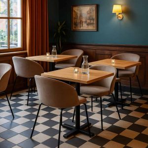 Super-Seat | Une petite salle à manger de restaurant de Portland | Twee houten tafels, Fauteuils van velours moka, zwart-witte tegelvloer, glassen karaf. | Horecameubilair
