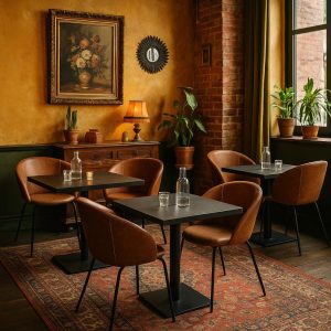 Super-Seat | Une petite salle à manger de restaurant de Portland | Fauteuils leren cognac, tafels houten, flesen vitrage, geel geschilderde muren. | Horecameubilair