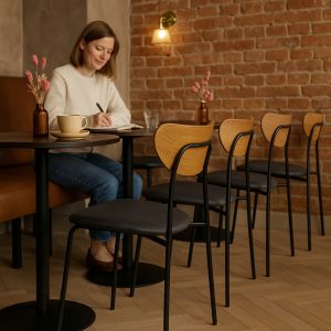 Super-Seat | Must Chaises design scandinave bois/noir | Zwarte en houten Scandinavische stoelen, lege tafels, keramiek kopjes, vazen met droogbloemen. | Horecameubilair
