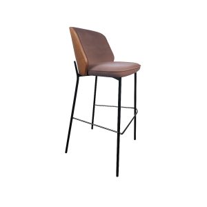 Super-Seat | The Tabourets de bar design New York bois velours Mocha | Barkruk, bruin fluwelen zitting/rug, houten panelen, zwarte metalen poten met voetrust |. | Horecameubilair