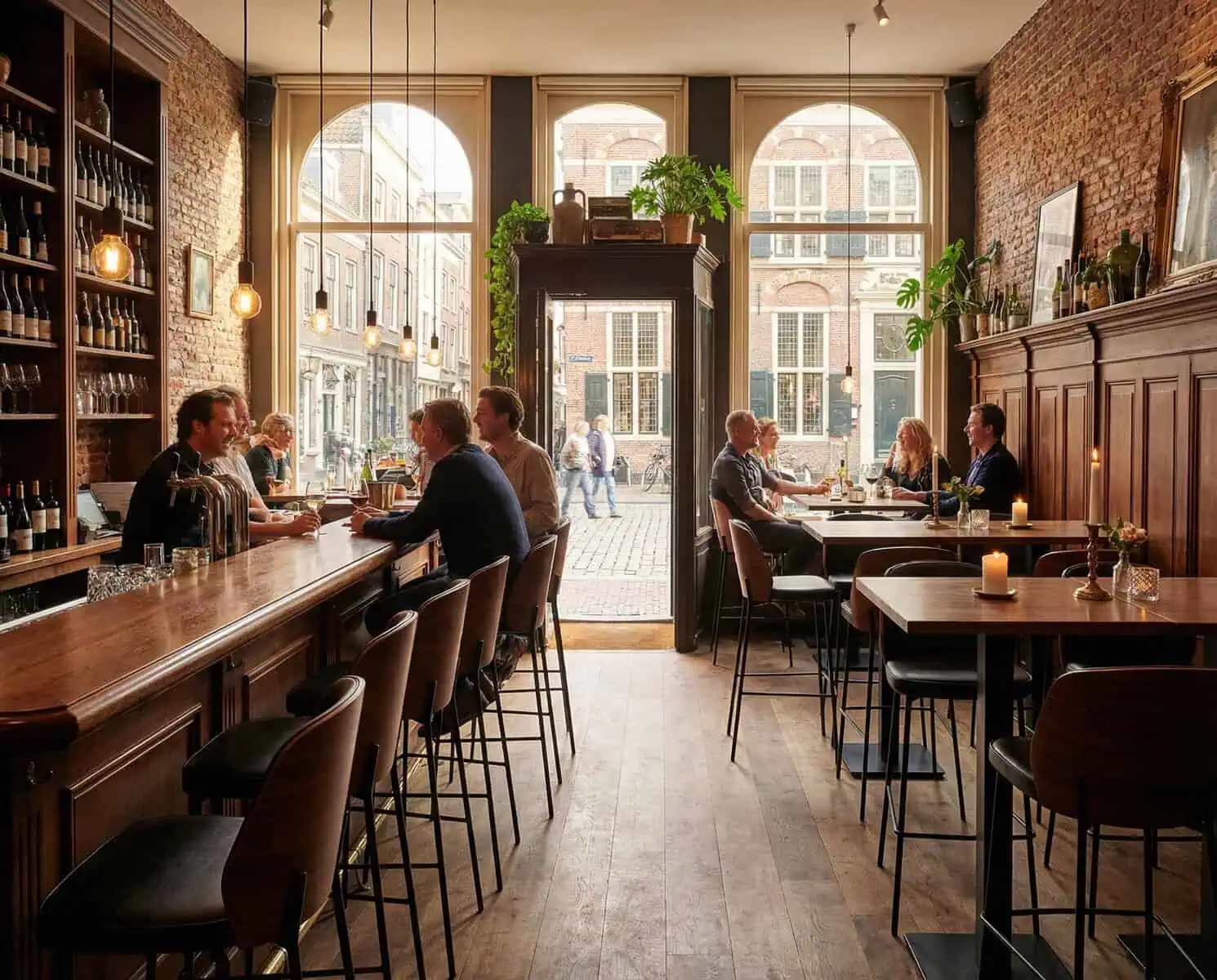 Super-Seat | Un bar accueillant avec des tables en bois, des tabourets de bar en bois et en cuir noir, des tables et des chaises de pique-nique. Ambiance chaleureuse, mur de briques. |. | Mobilier de restauration