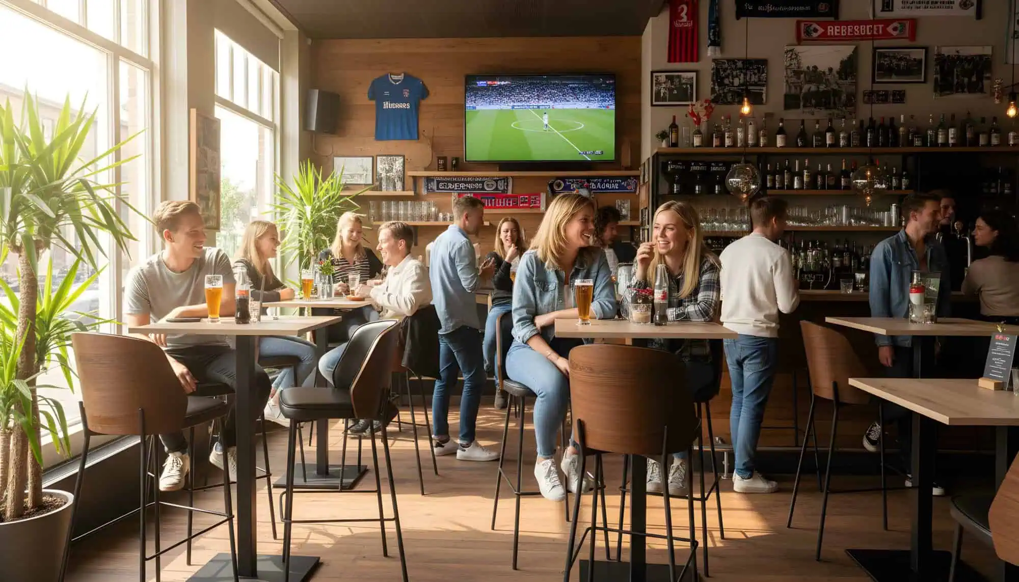 Super-Seat | Tabourets de bar en cuir noir avec pieds en bois, tables avec boissons, décor sportif et plantes. | Mobilier de restauration