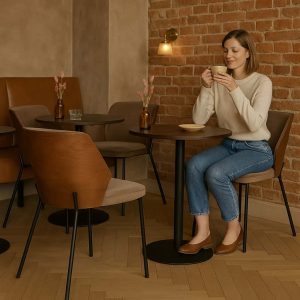 Super-Seat | Chaises design New York bois velours Moka | Table ronde, tabouret moka fluwel, mur de cuisson, petits vases avec fleurs gedroogde. | Horecameubilair