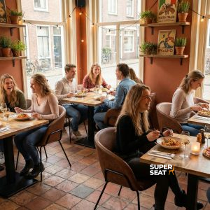 Super-Seat |Chaises en cuir de couleur cognac, tables en bois, tabourets de bar et grandes fenêtres avec plantes. | Mobilier de restauration