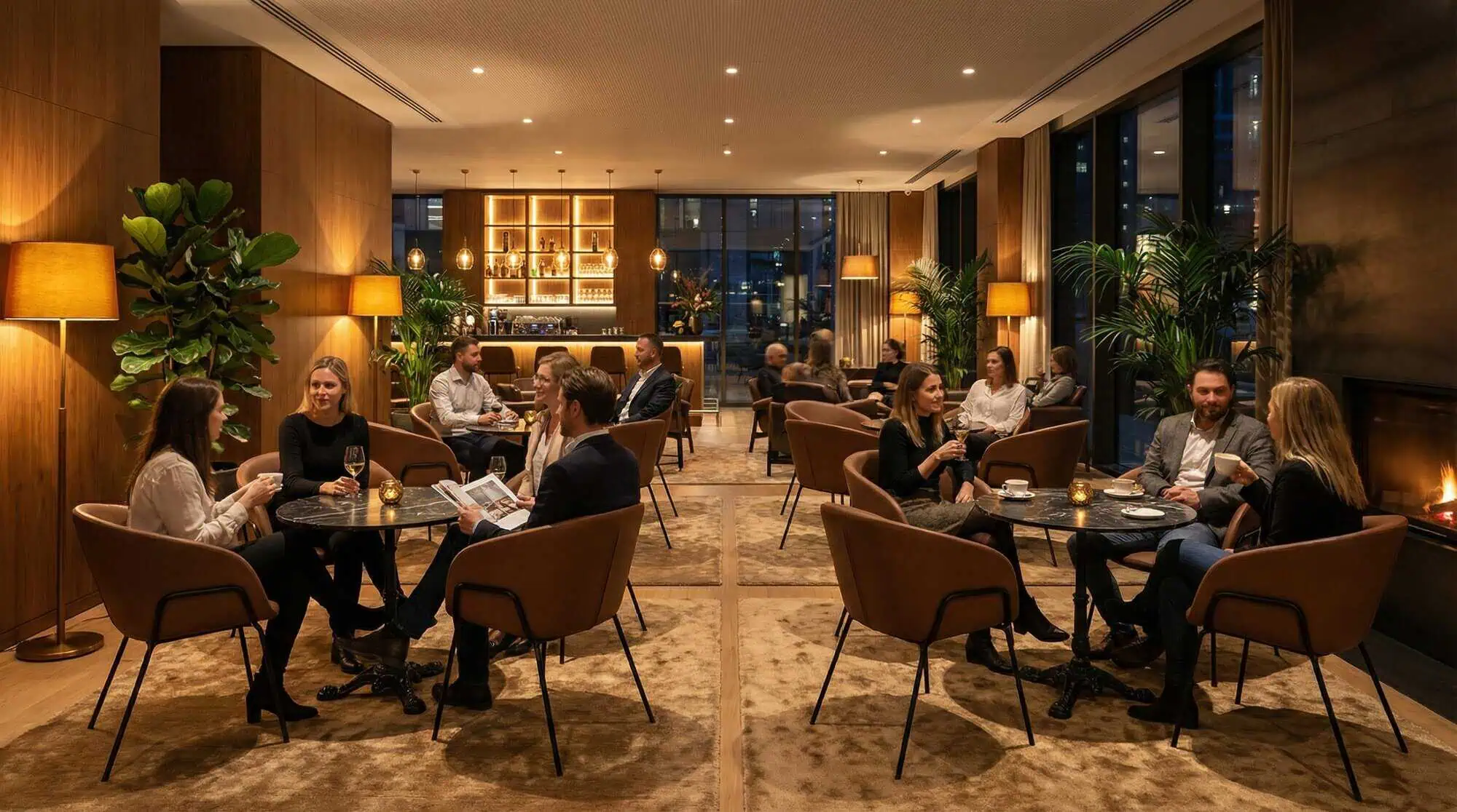 Super-Seat | Salon moderne à Portland | Chaises en velours moka, tables en bois, tabourets de bar, éclairage chaleureux au bar et grandes fenêtres. | Mobilier de restauration