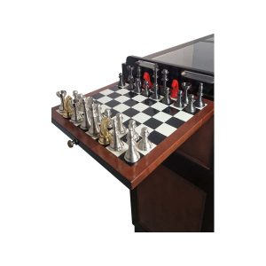 Super-Seat | Modèles Authentiques meuble bar Casablanca | Goud-zilveren schaakstukken op houten lade, rood klokje, glazen scherm, luxe hout en metaal. | Horecameubilair