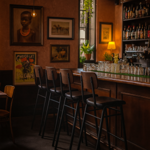Super-Seat | Un bar peu éclairé avec quatre Tabourets de bar design Jody pour la restauration noir/brun empilables | Zwarte en bruine stapelbare barkrukken van hout en metaal, houten bar, glazen flessen op planken. | Horecameubilair
