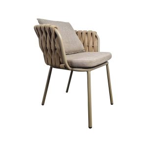 Super-Seat | The Onnoble design (patio) stacking chairs taupe | Structure moderne en métal beige, tapis tressé, coussins taupe, marron clair, fond blanc. | Mobilier pour la restauration