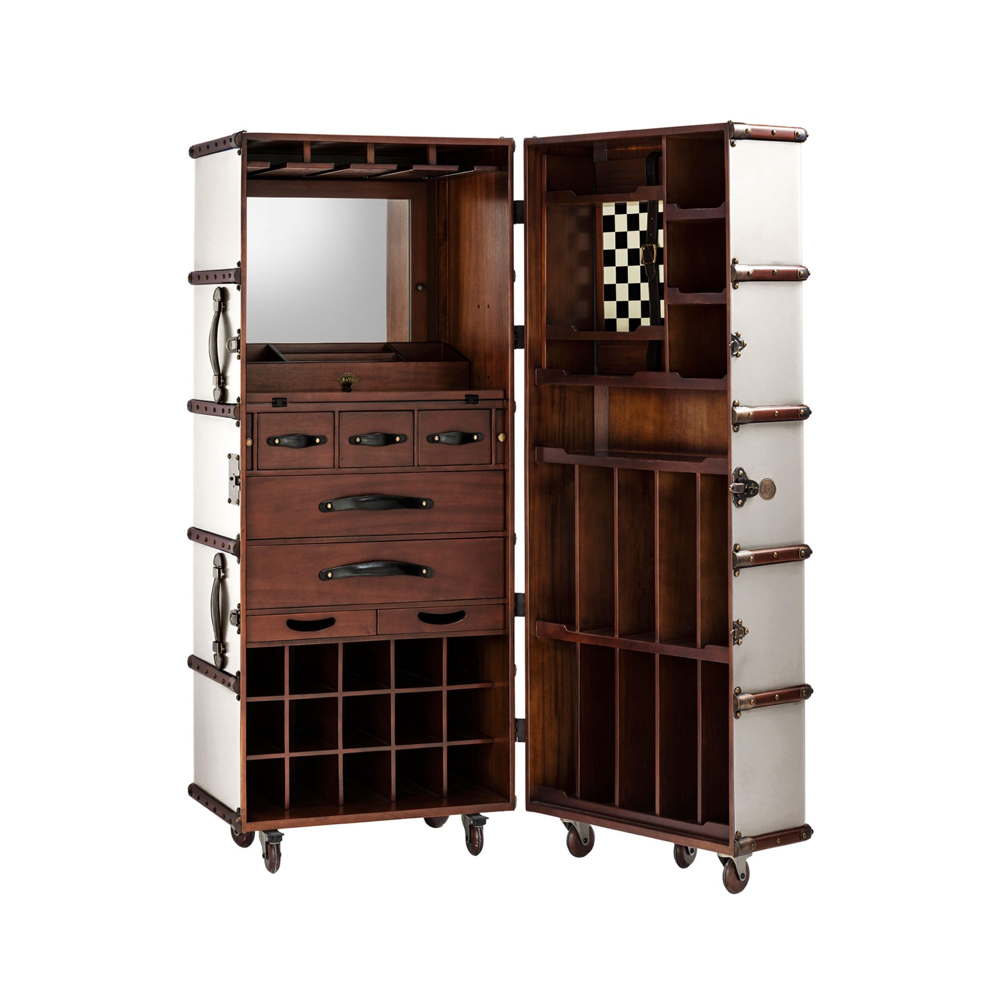 Super-Seat | Mallette de voyage en bois blanc avec bords en métal, poignées en cuir, miroir et échiquier intégré. | Mobilier de restauration