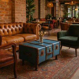 Super-Seat | Canapé en cuir marron, fauteuil en tissu vert, table valise en bois bleu, tapis mélangé. | Mobilier pour la restauration